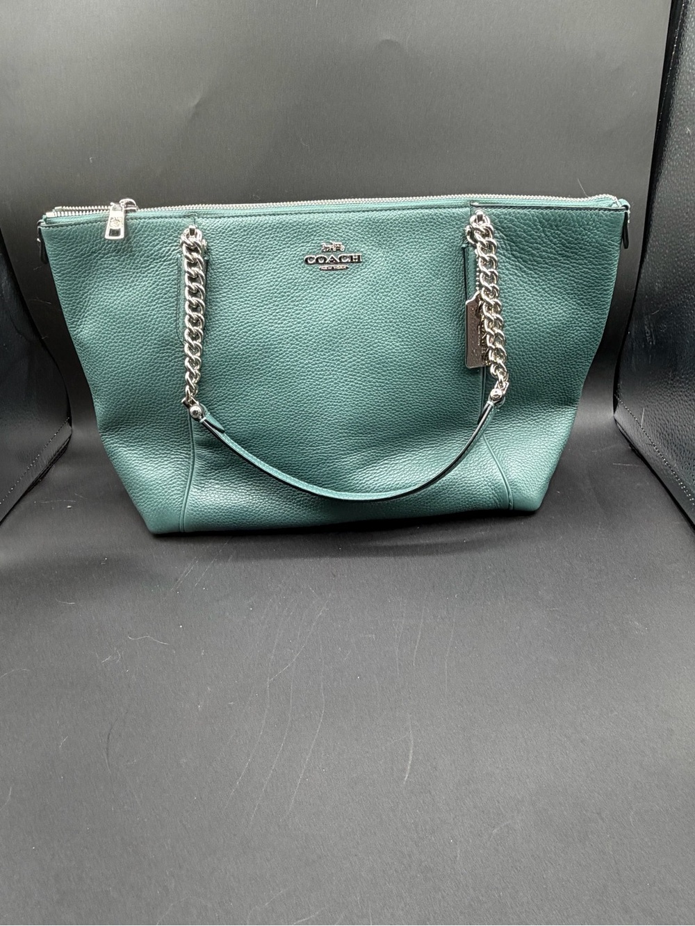 Coach Teal Leather Shoulder Tote with Silver Chain Handles